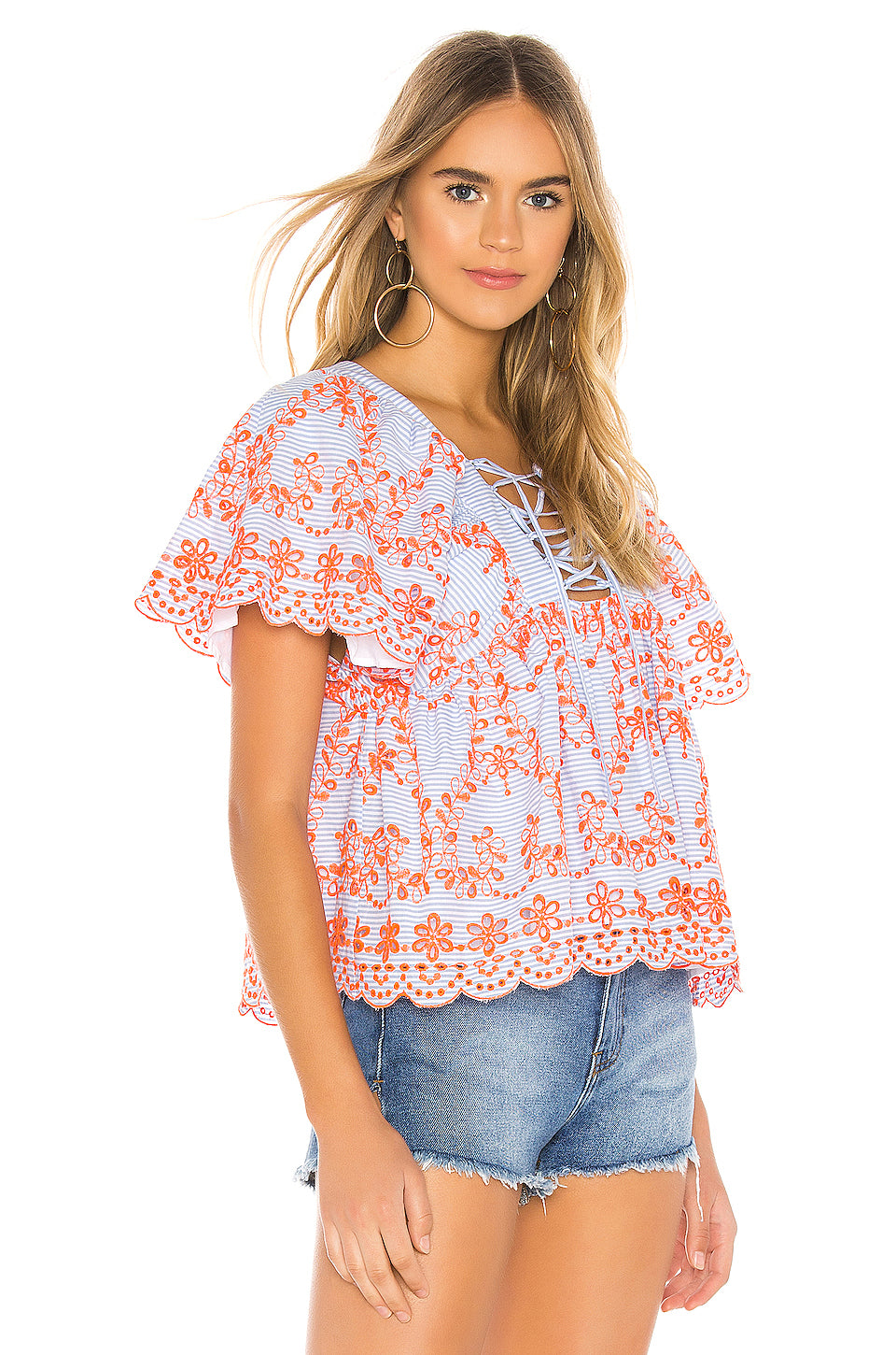 Daisy Embroidered Top in BLUE & ORANGE